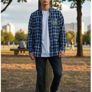 Desigual Blue Plaid Embroidered Funky Print Shirt Button Long Sleeve Mens MEDIUM